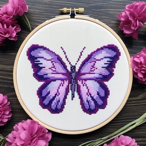 Purple Butterfly 11CT Stamped Cross Stitch Kits Easy for Beginners Child with Hoop DIY Needlepoint Counted Embroidery Kits Art Craft Wall Decor 12x12IN(2)