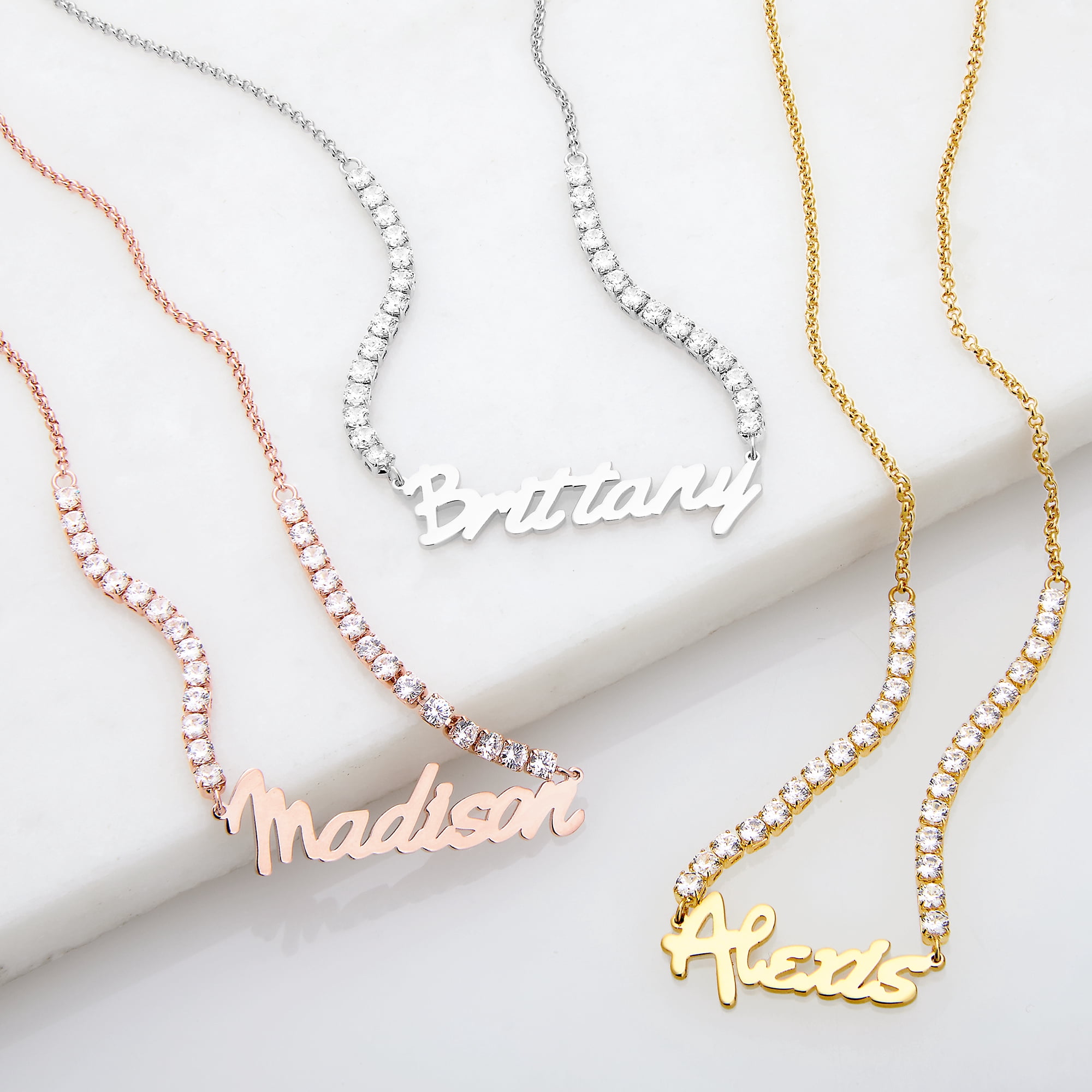 Personalized Planet Women's Bold Script Name Plaque CZ Chain Necklace