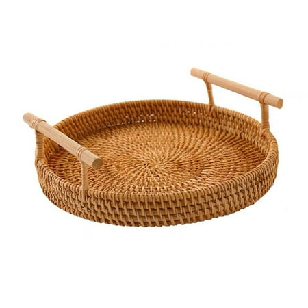 

Handmade Rattan Storage Tray with Wooden Handle Wicker Basket for Cake (S)