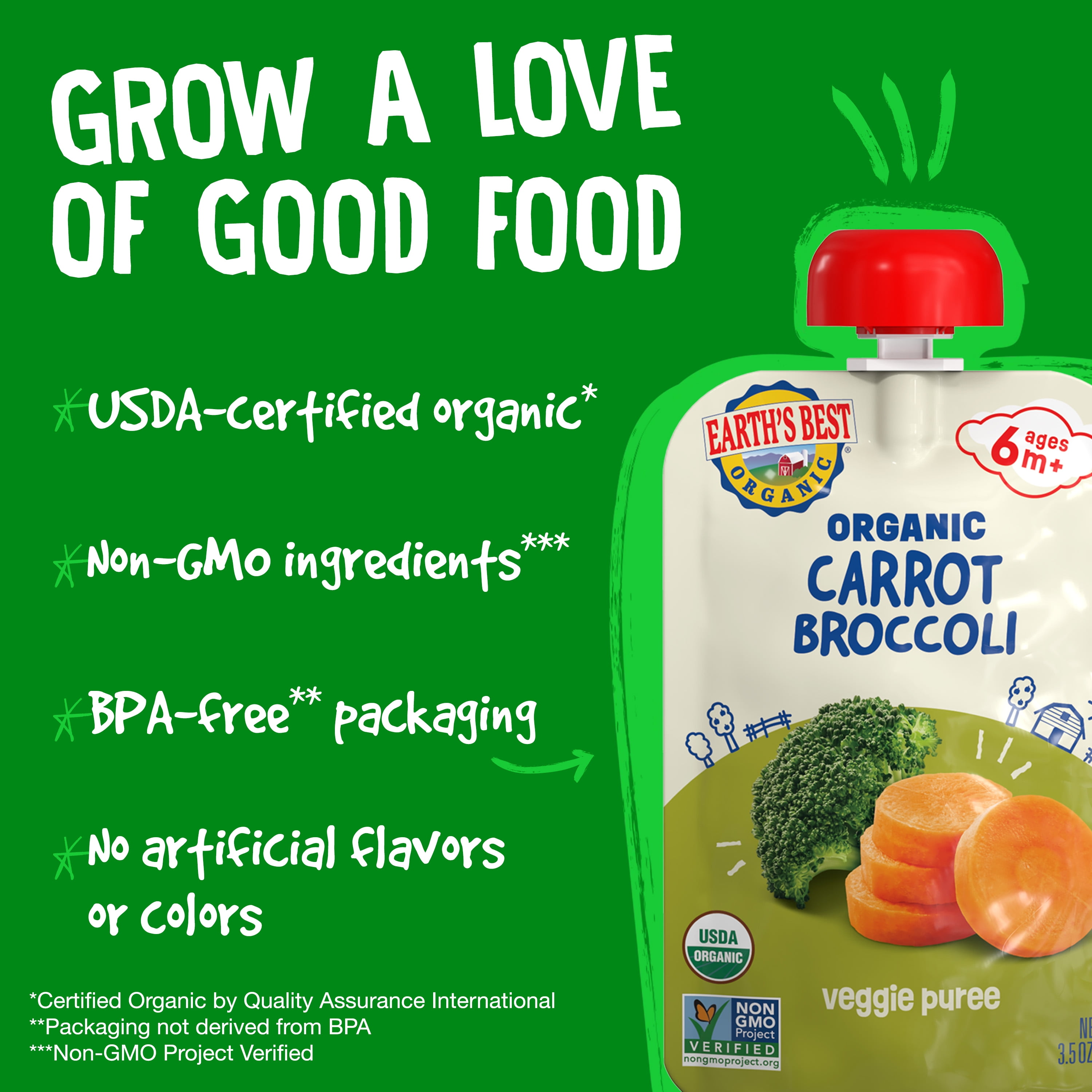 Earth's Best Organic Stage 2 Baby Food, Carrots Broccoli Veggie Puree, 3.5 oz Pouch