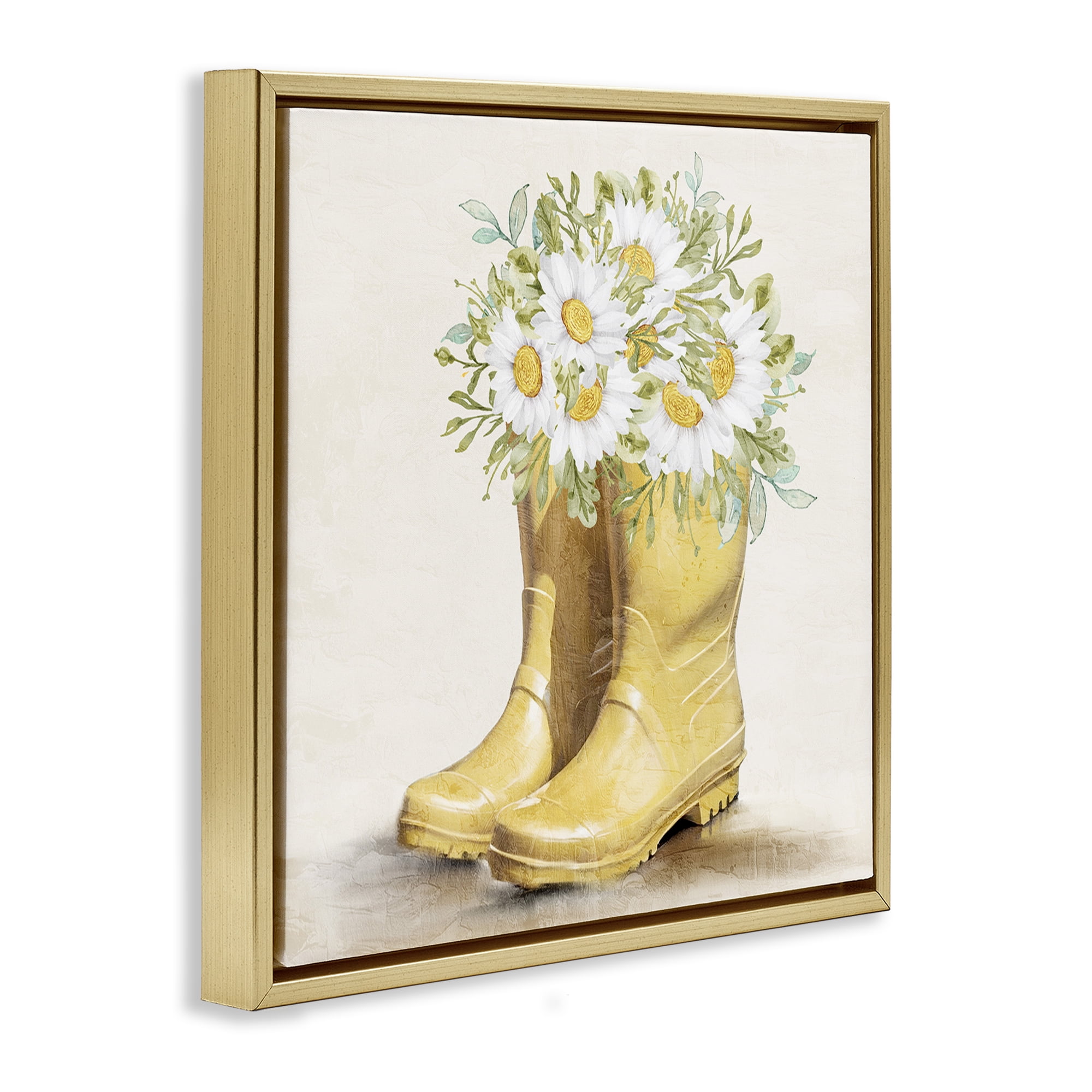 Stupell Industries Sunny Daisy Boots Botanical & Floral Painting Gold Floater Framed Canvas Art Print Wall Art, 25 x 25