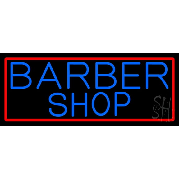 Blue Barber Shop With Red Border LED Neon Sign 13 x 32 - inches, Black Square Cut Acrylic Backing, with Dimmer - Bright and Premium built indoor LED Neon Sign for Defence Force.