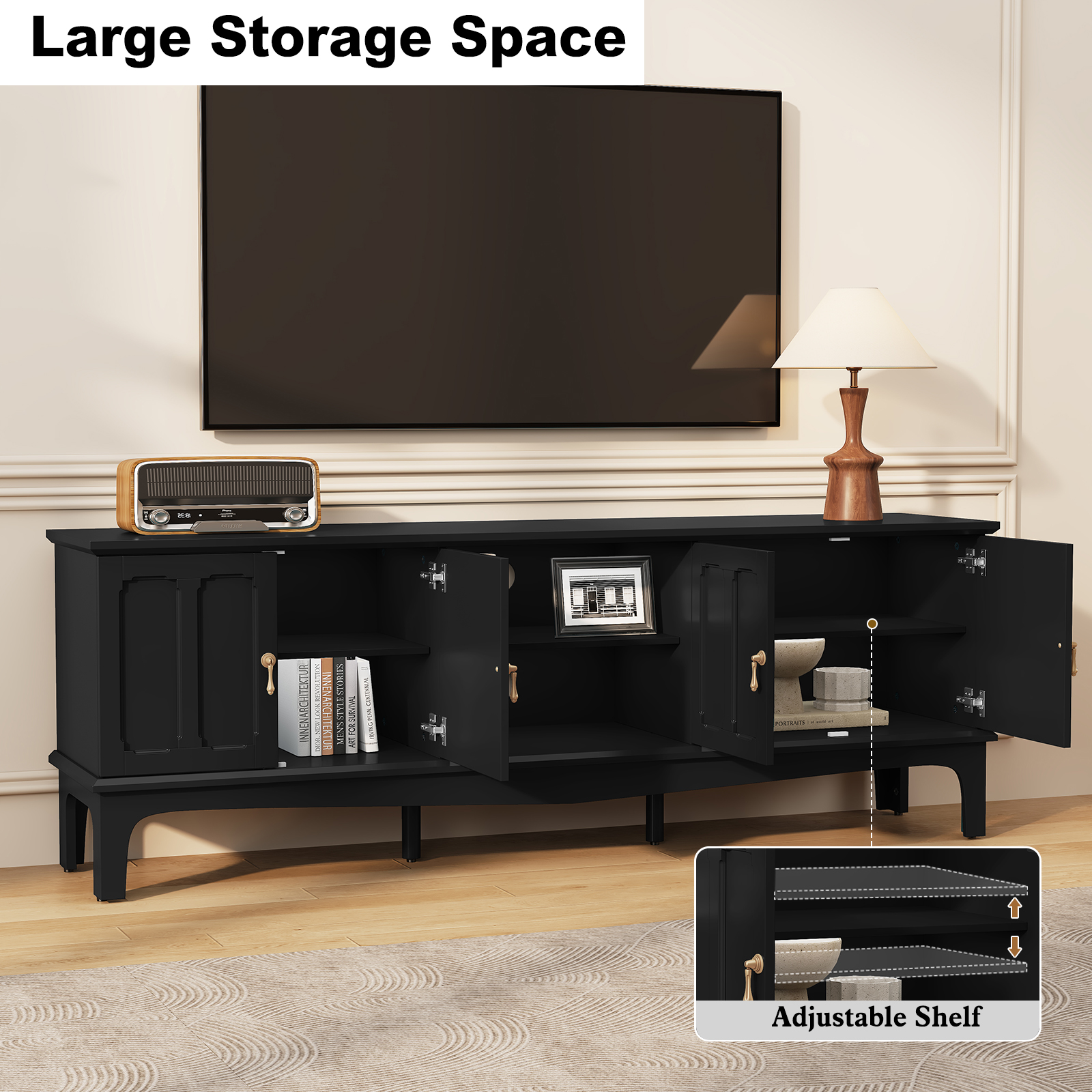 CBJCBJ Retro 67" TV Stand for TVs up to 70", Living Room Entertainment Center with 4 Door Storage Cabinet,Black