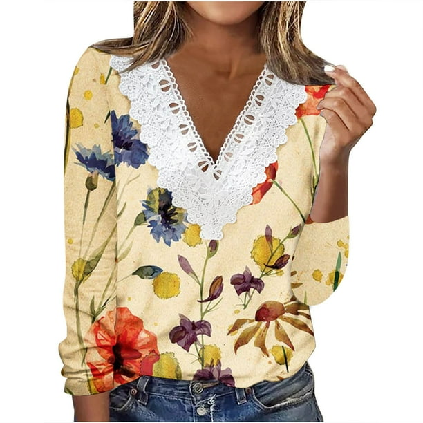 HKEJIAOI Polyester Womens Long Sleeve Tops V Neck Geometric Print Women Dressy Blouses Tops Casual Long Sleeve