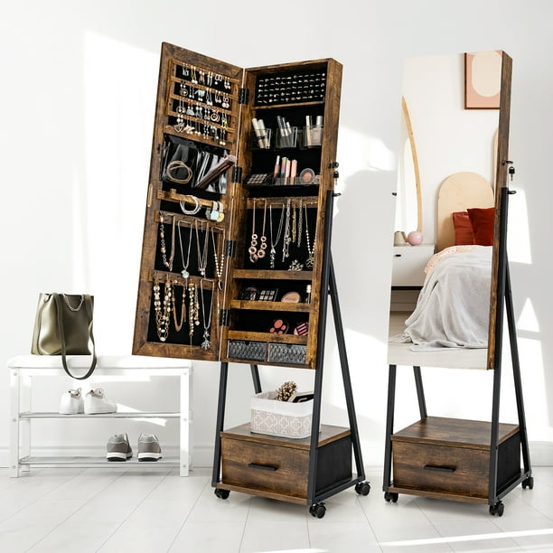 Costway Armario para Joyas de Pie con Espejo de Cuerpo Entero Organizador de Joyas con Puerta Cajones Ruedas Bloqueables 42 x 38 x 157 cm
