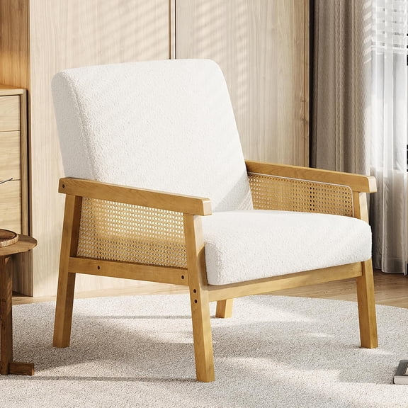 Boucle Accent Chair, Rattan Armchair with Wooden Frame, High Back, Upholstered Reading Chair Leisure Chairs for Living Room Bedroom Waiting Room Reception, White