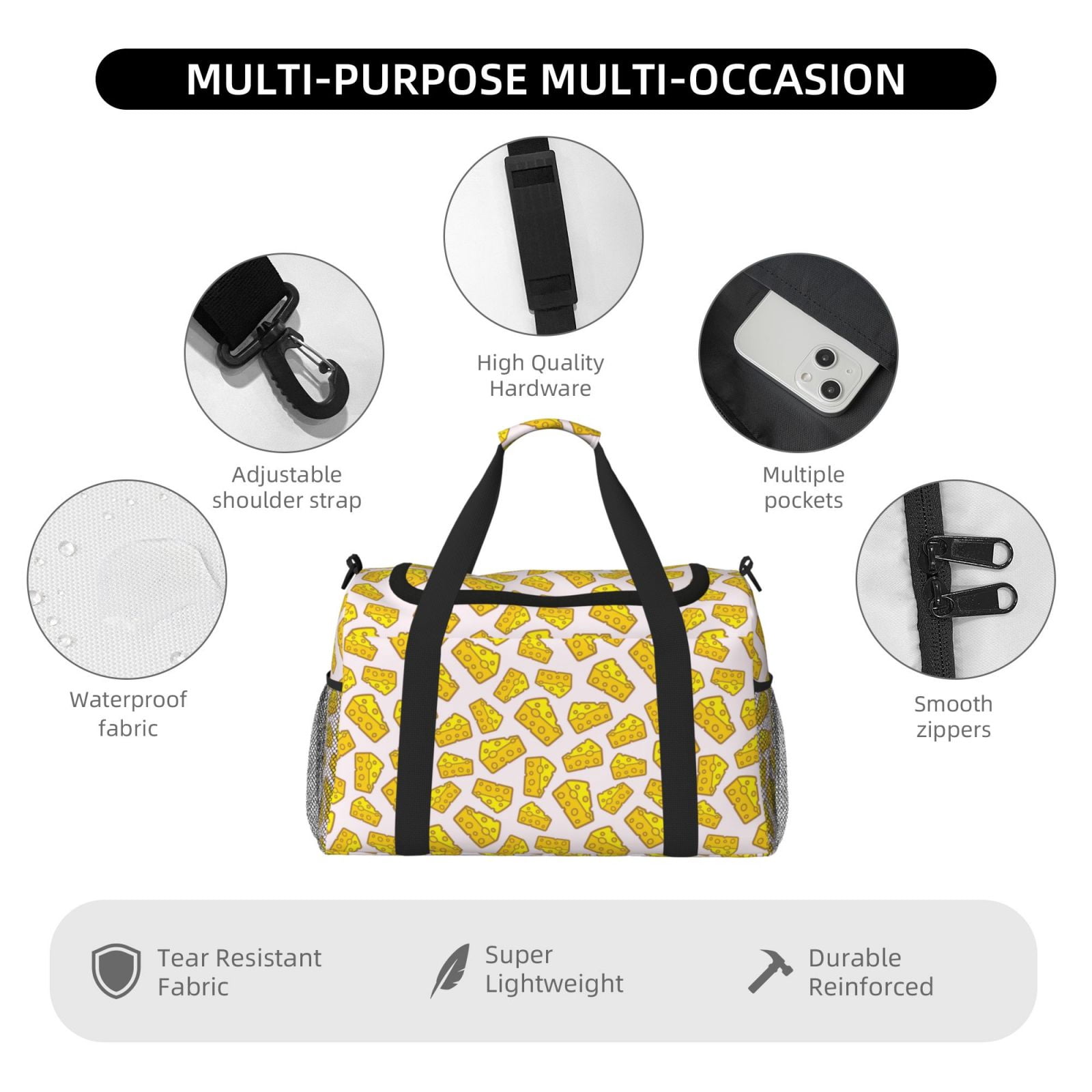 Fuzoiu Cheese Print Travel Duffle Bag,Carry On Tote Bags,Duffel Bag,Sport Gym Bag, Hospital Bag for Labor and Delivery, Overnight Bag,Luggage Bag