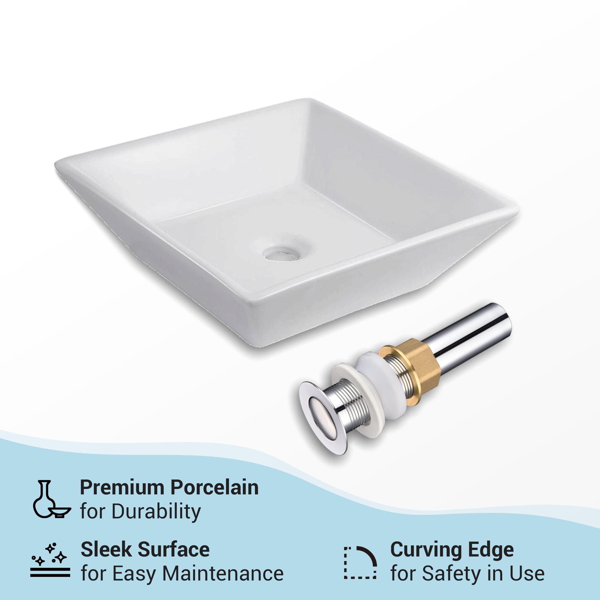 Aquaterior 16" Square Porcelain Bathroom Vessel Sink Bowl Ceramic Basin with Chrome Drain White