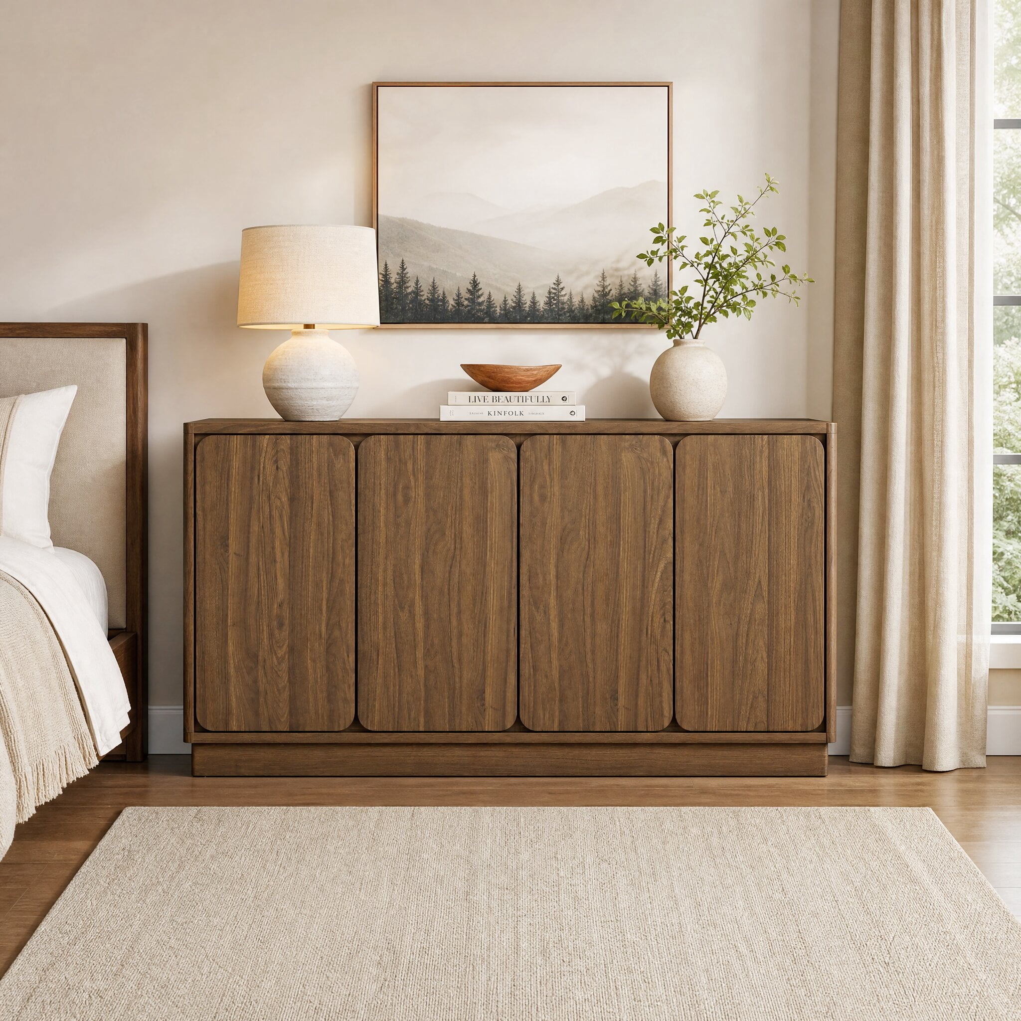 Mintazer 59.1"W Sideboard Buffet Cabinet with Adjustable Shelves, 4 Door Storage Credenza Cabinet for Dining Room Kitchen Living Room, Entryway, Walnut