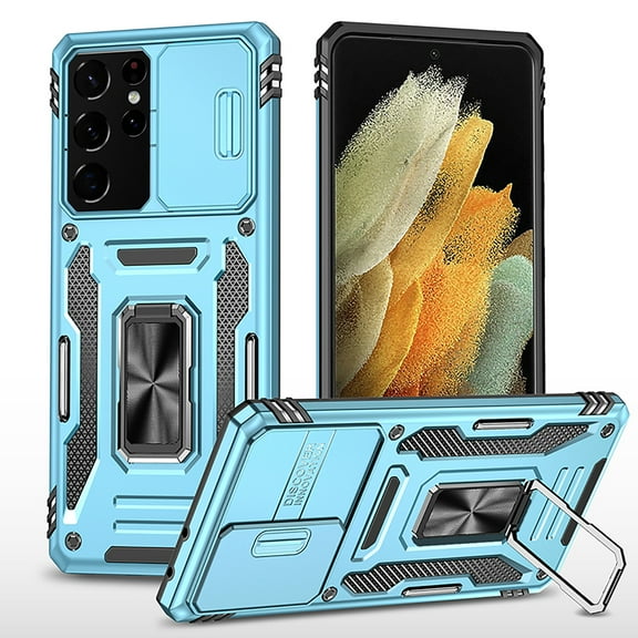 TECH CIRCLE Case for Samsung Galaxy S21 Ultra, Heavy Duty Rugged Case with Kickstand Pocket Shockproof ,Slide Holder Back Cover for Samsung Galaxy S21 Ultra 6.8 inch,Lightblue