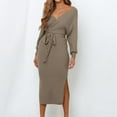 thumbnail image 3 of Efsteb Cocktail Dresses For Women V Neck Sweater Dresses Batwing Long Sleeve Backless Bodycon Long Dress with Belt (Khaki,M), 3 of 8