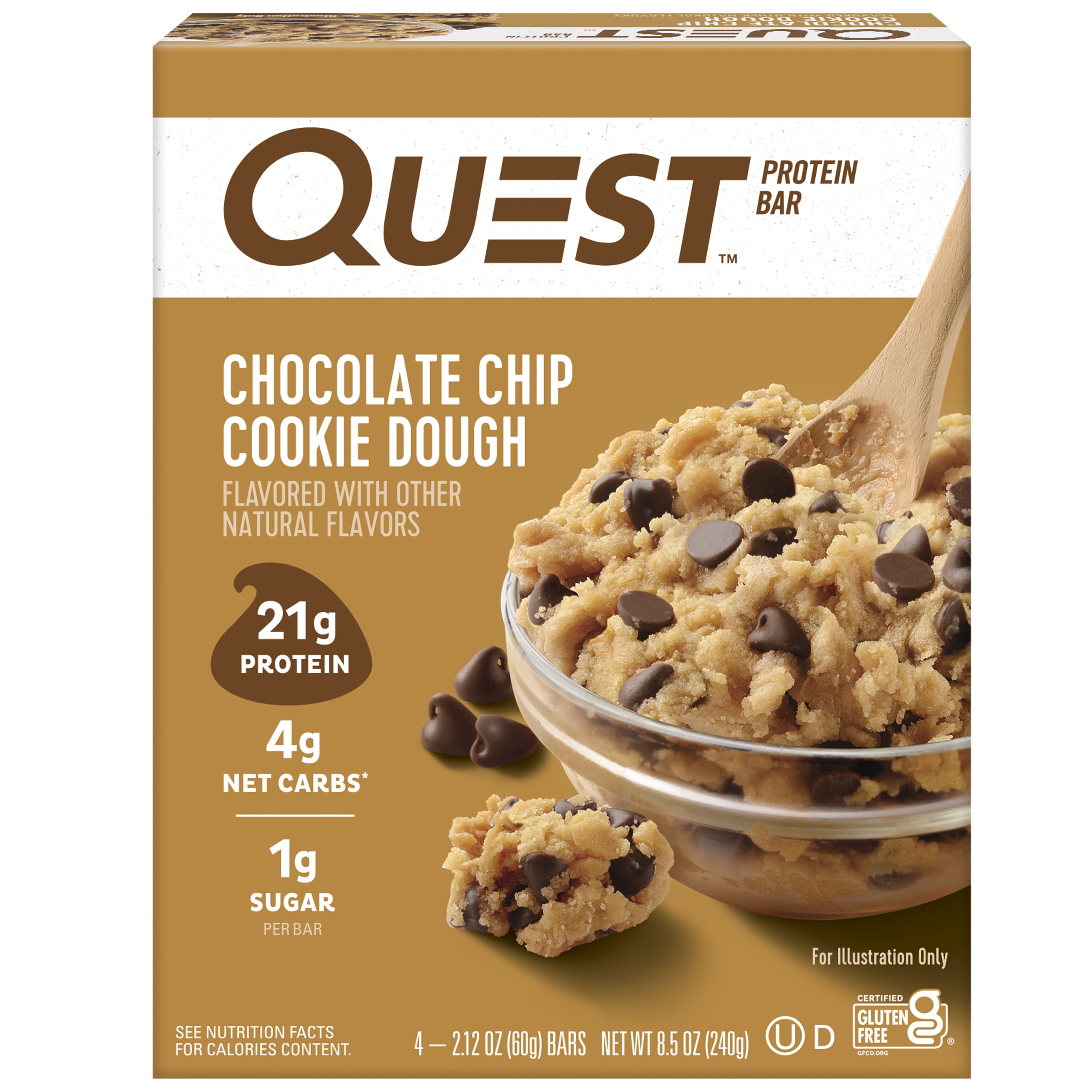 (5 pack) Quest Protein Bar, Chocolate Chip Cookie Dough Flavored, 21g Protein, Gluten Free, 4 Count