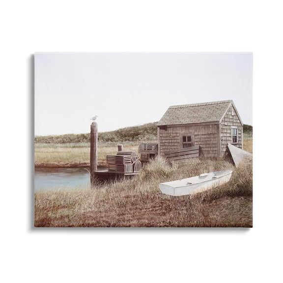 Stupell Industries Rural Seaside Cabin Seagull Perched Canoe Boat Painting Gallery Wrapped Canvas Print Wall Art, Design by Tom Mielko