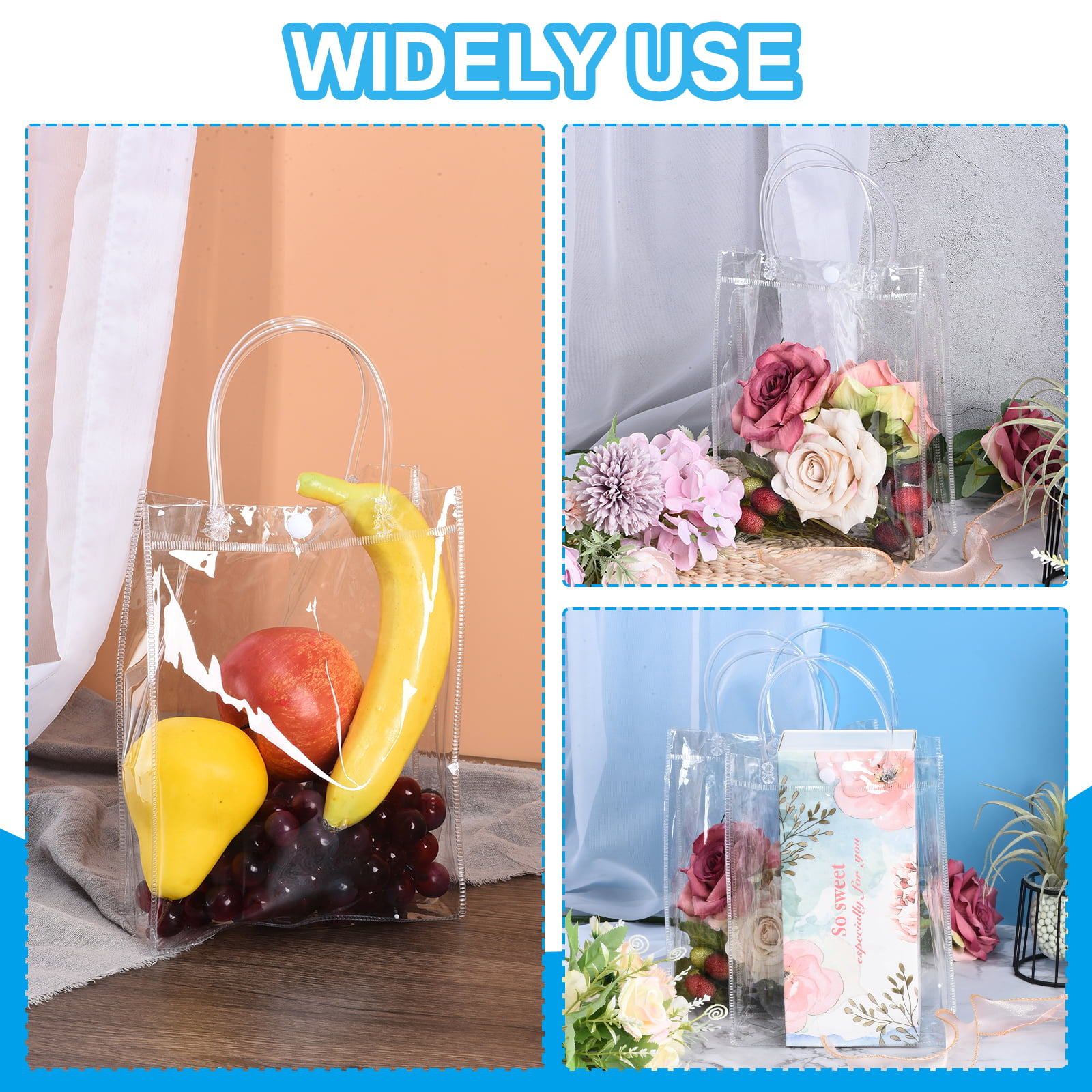 CZWESTC 16 Pcs Clear PVC Gift Bags with Handles, Small Transparent Gift Wrap Bags, Clear Tote Bag, Reusable Shopping Bags with Handle for