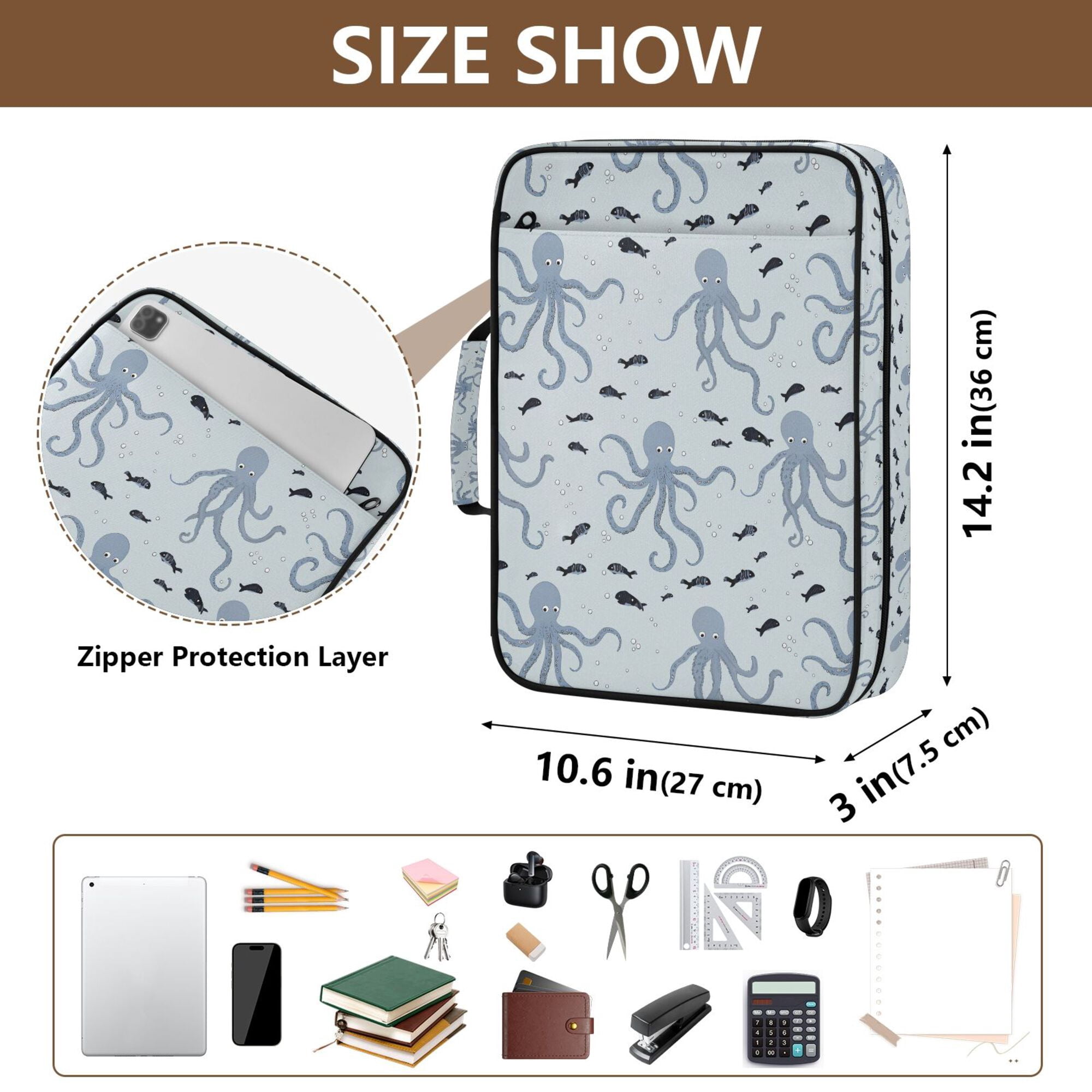FORMRS Accordion File Folder A4 Size 7-Pocket Expanding Document Organizer Bag with 3 Ring Binder, Blue Octopus Pattern