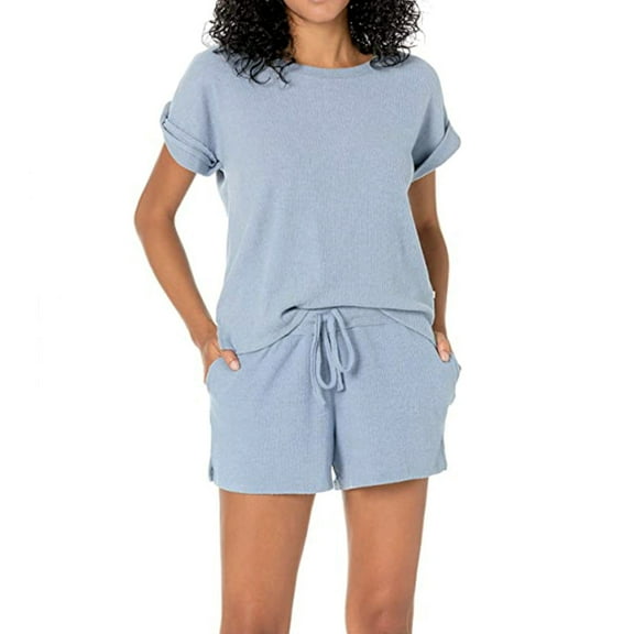 Lucky Brand Women's 2-Piece Ultra Soft Ribbed Hacci T-Shirt and Shorts Lounge PJ Set-Blue / M