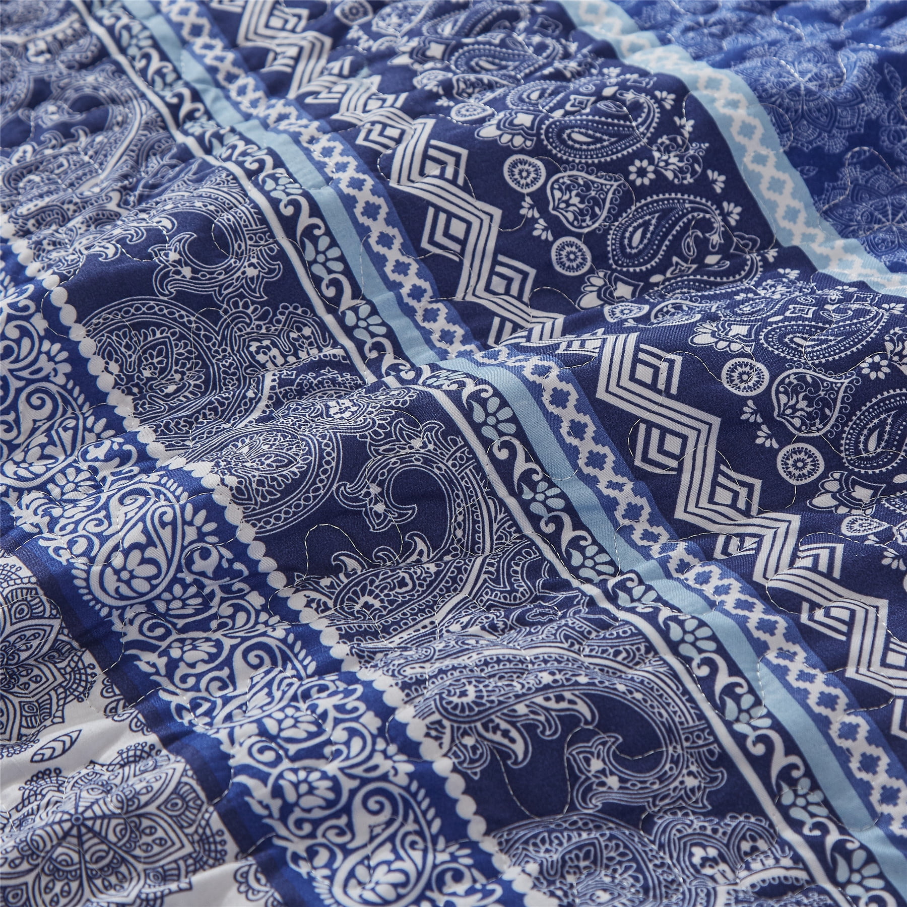 Dintszyayue Bohemian Quilt Set Queen Size,Blue Stripe 1Bedspread and 2Pillowcase Lightweight Adult(90"x96")