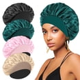 thumbnail image 2 of 4 Pack Silk & Satin Bonnets for Women/Men , Extra Wide Band Hair Wrap Cap for Curly & Natural Hair , Sleeping & Shower Protection (Black/Peacock Blue/Pink/Khaki), 2 of 6