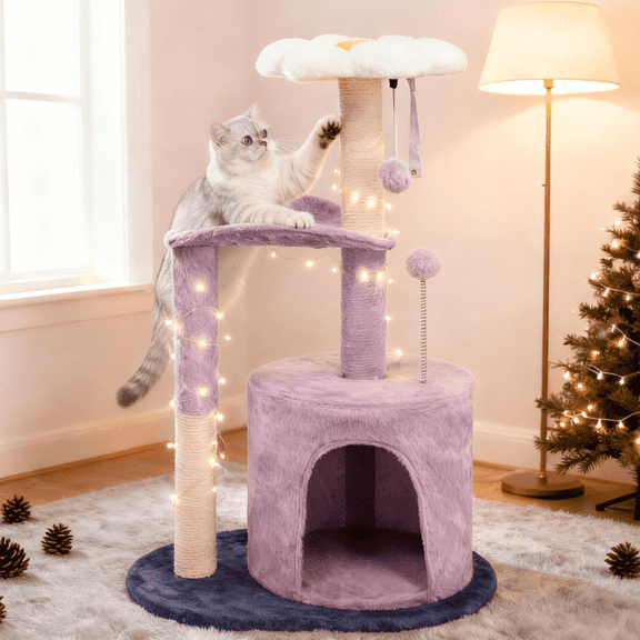 Ktaxon 33in Lavender Purple Cat Tree, Multi-Level Tower with Scratching Post, Curved Perch & Padded Bed, for Kittens & Indoor Cats