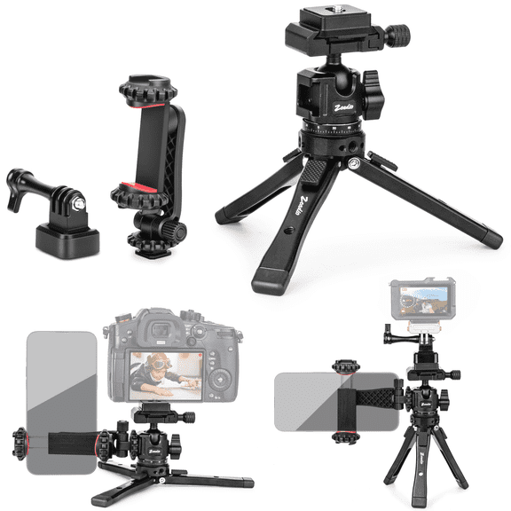 Zeadio Heavy Duty Metal Tripod Kit with Arca Ball Head - Universal Phone Vlogging Kit, Cell Phone Stand & Travel Tripod for iPhone/Android, Camera, Gimbal, Action Cam Etc