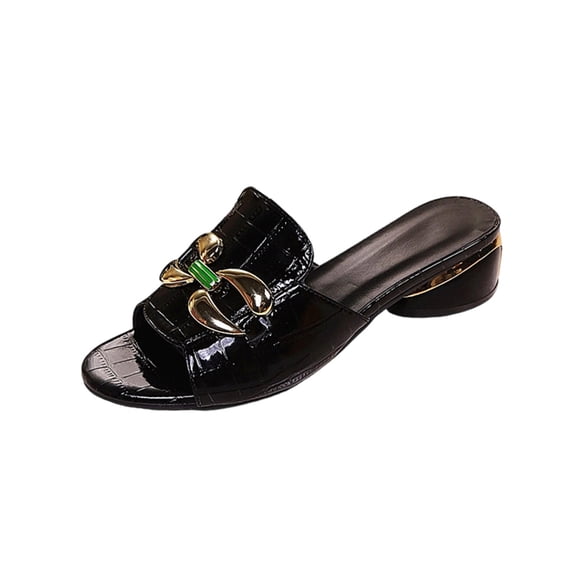 HomeDM Womens Open Toe Sandals Low Chunky Block Heels Slip-On Mules Comfortable Casual Dress Pumps Shoes, Black Size 6