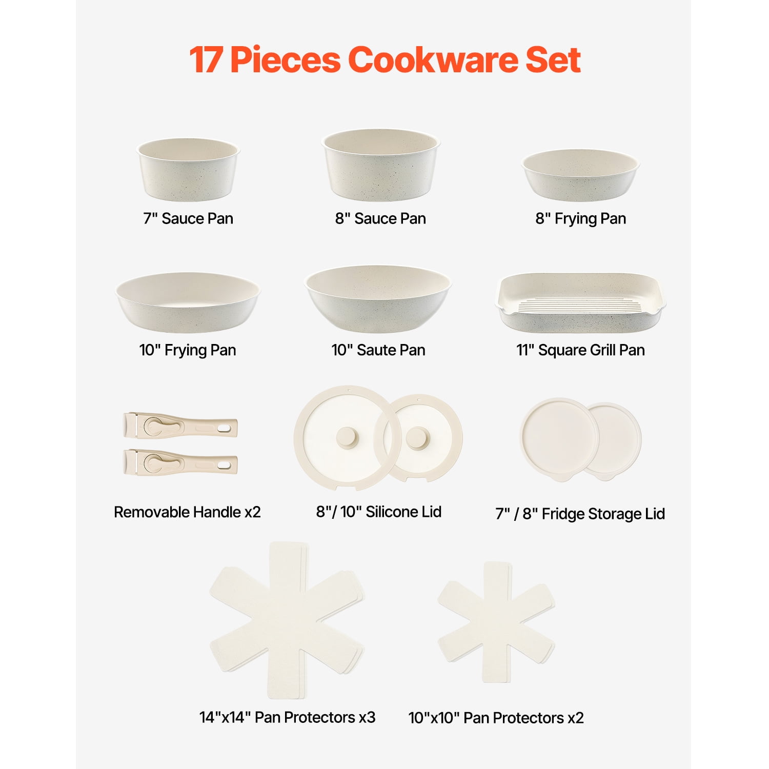 KFFKFF 17-Unit Nonstick Cookware Set, Removable Handle, Compact Induction-Compatible Kitchenware, Ideal for RV Kitchen, Includes Fry, Sauce, Saute Pans, Tempered Glass Covers, Oven-Friendly, White