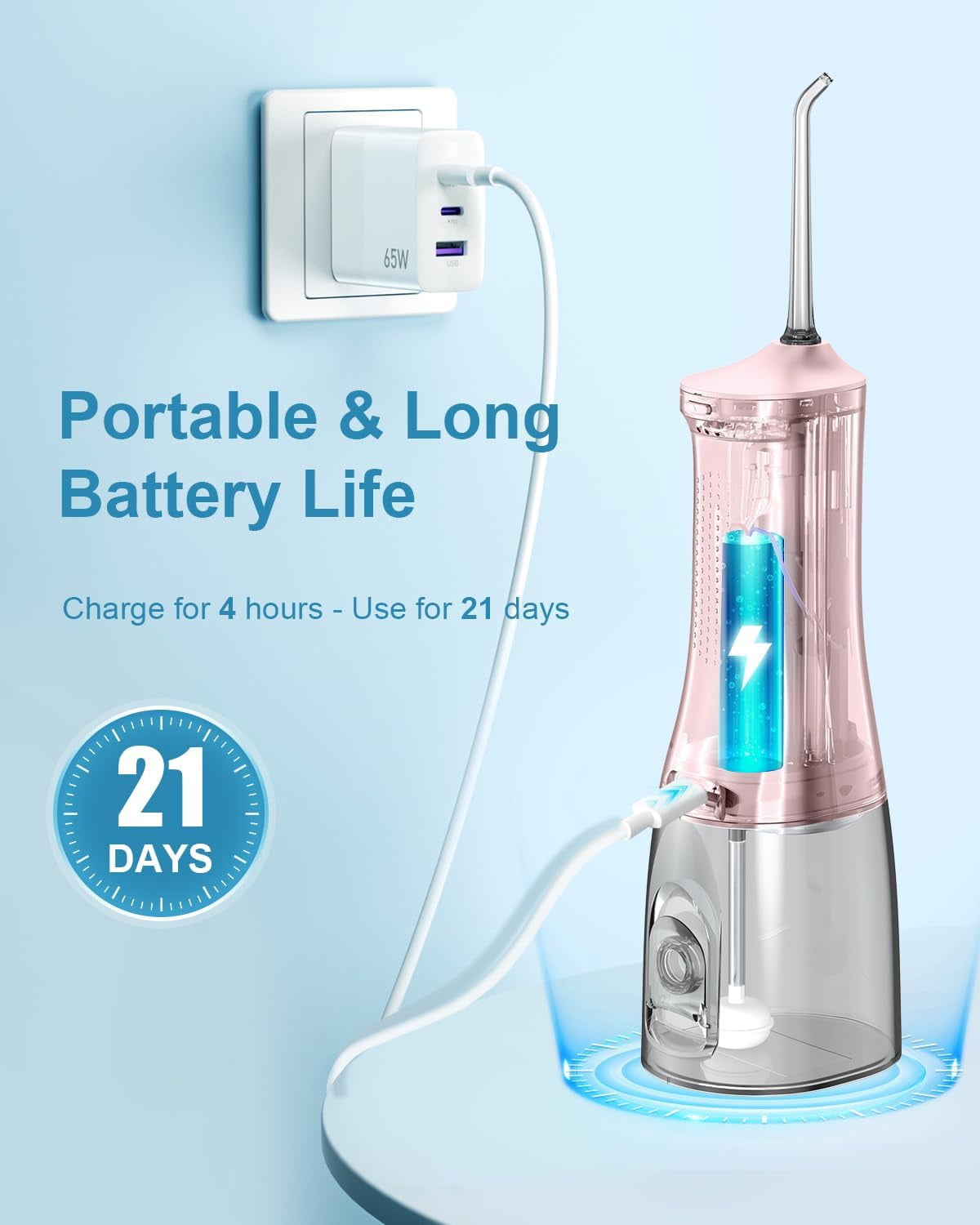 Operan Cordless Water Flosser, Portable Rechargeable Oral Irrigator with 4 Modes, 4 Jet Tips, IPX7 Waterproof, Pink
