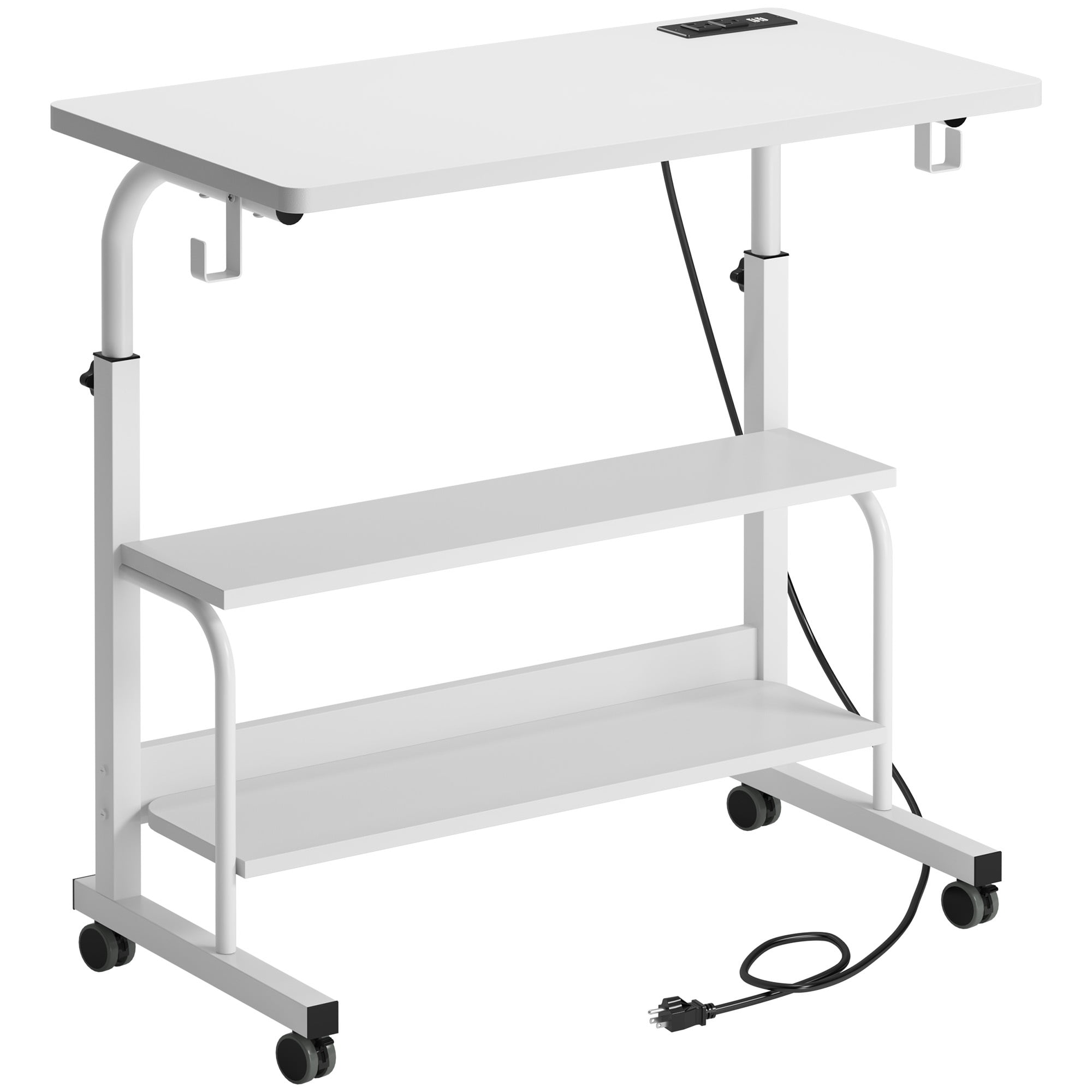 Soges 31.5" Height Adjustable Computer Desk with Charging Station, Adjustable Side Table Movable Laptop Desk with 2 Storage Shelves, Adjustable Desk on Wheels for Home Office, Sofa, Bed, White