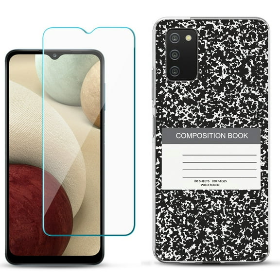 Slim-Fit TPU Phone Case Compatible with Samsung Galaxy A02s, with Tempered Glass Screen Protector, by OneToughShield ® - Composition Book