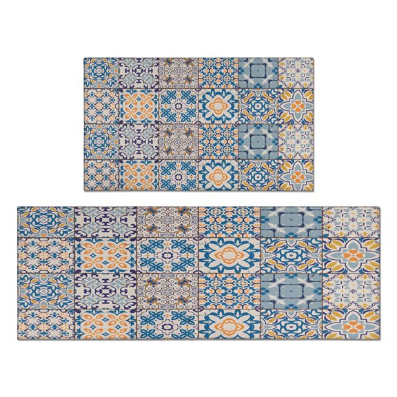 Bohemian Retro Geometric Patterns Kitchen Rugs and Mats Sets Of 2,Kitchen Decoration Rugs,Rubber Backing Non-Slip Floor Mat for Sink Washable Waterproof Laundry Room Runner Rugs