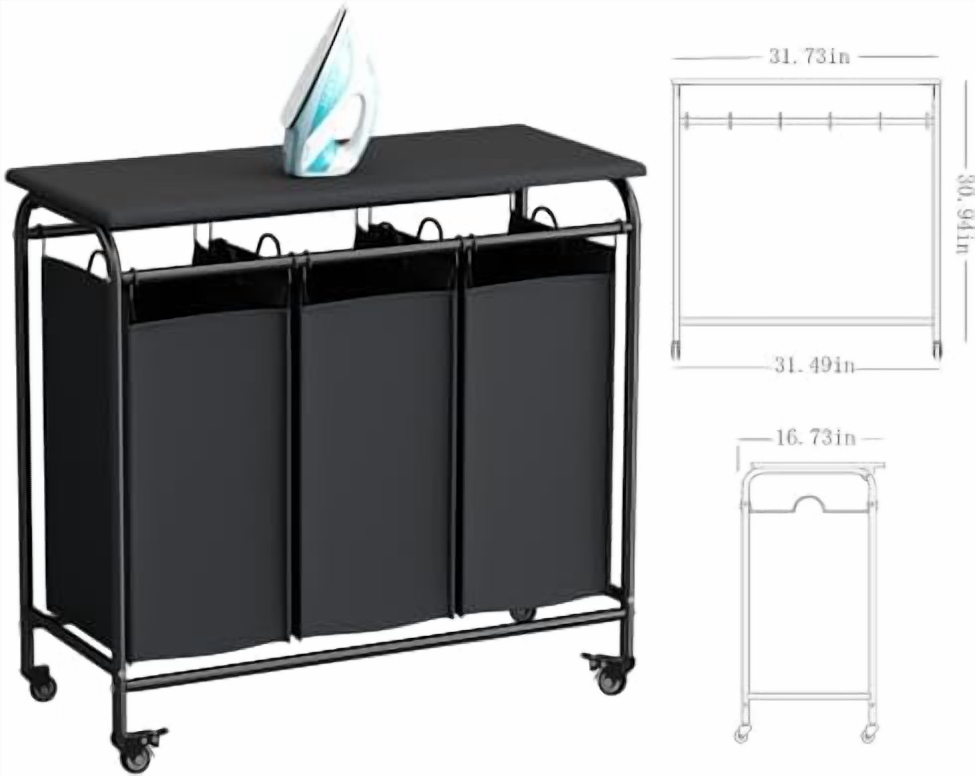 3 Bag Laundry Basket Sorter Heavy Duty Rolling Lockable Wheels Laundry Hamper Cart with Ironing Board and Removable Bags, Black
