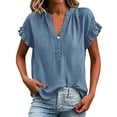 thumbnail image 2 of Awwp Women's V-Neck Short Sleeve Cotton Linen Loose Tunic Blouse, Navy L, 2 of 6