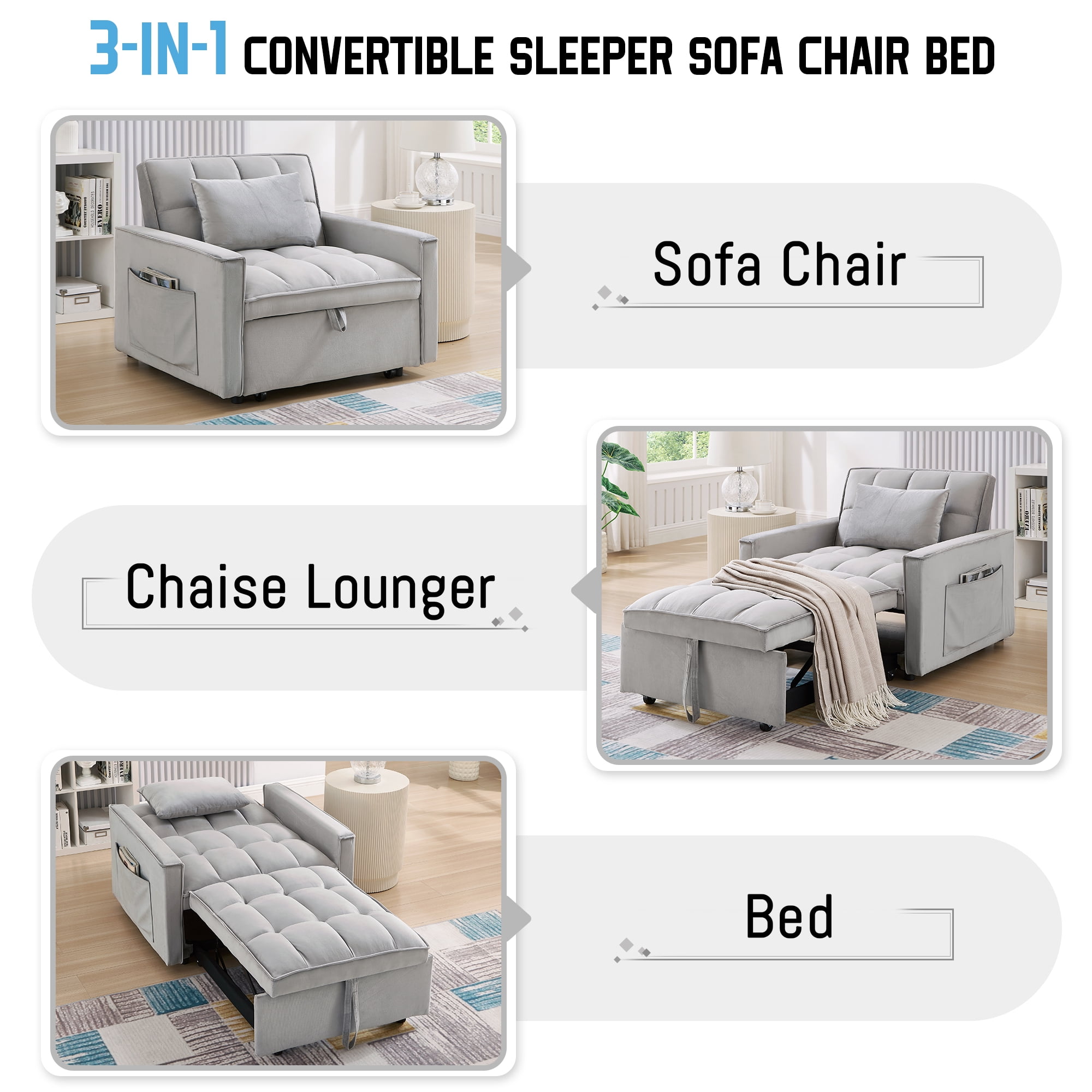 Lunale 3-in-1 Convertible Sleeper Sofa Chair Bed, Lounge Chair Indoor, Modern Single Couch for Living Room, Small Spaces, Gray Velvet