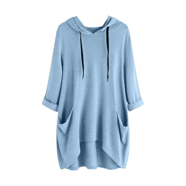 hotojiny Plus Size Spring Clothes for Women Soft High-Low Long Sleeve Rolled Sweatshirt Oversized Lightweight Hooded Drawstring Pullover