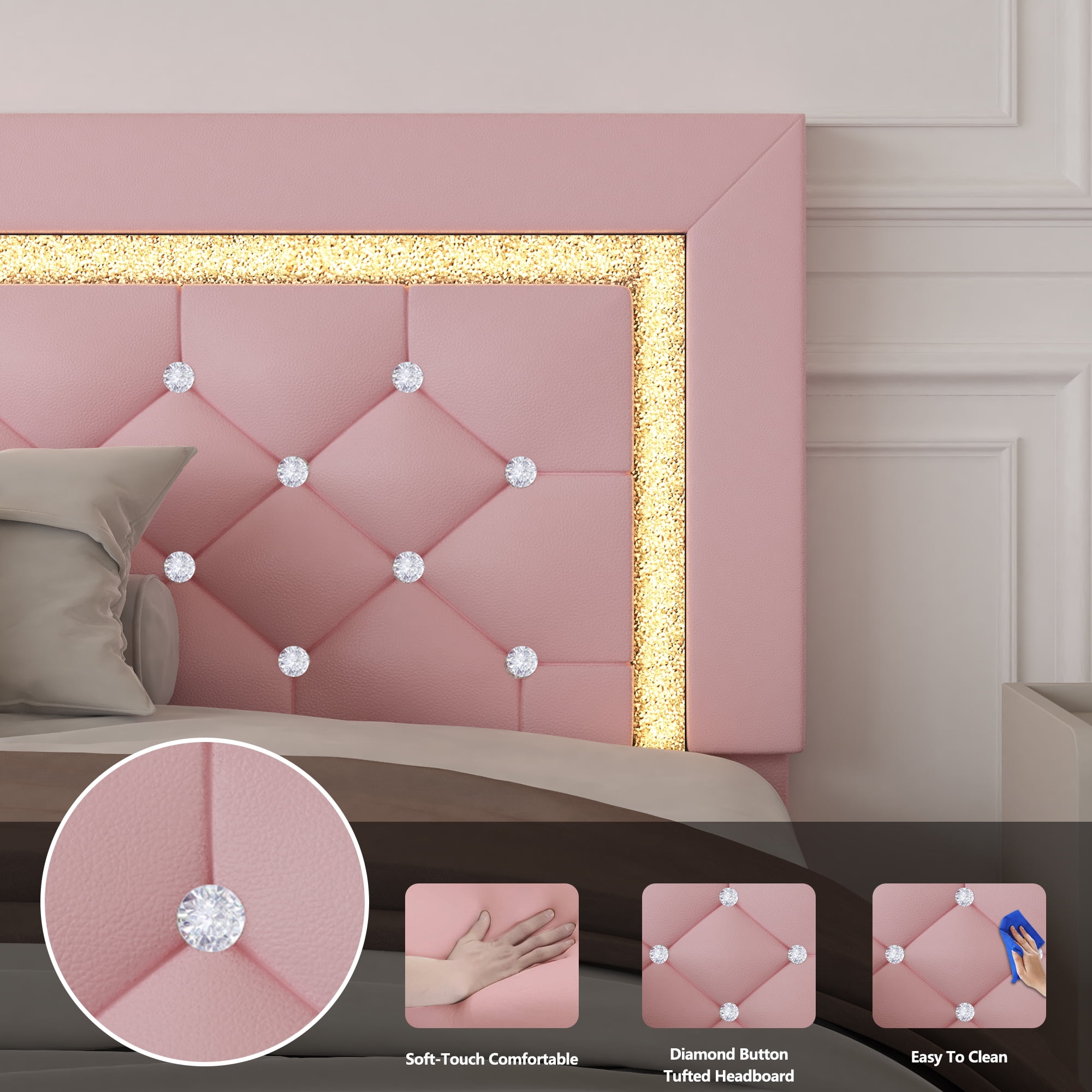 4 EVER WINNER Twin Size LED Bed Frame with Storage, Upholstered Platform Bed with 2 Drawers, Adjustable LED Lights Headboard, Pink