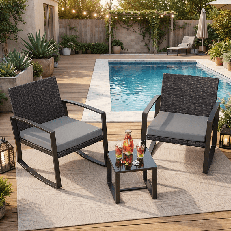 3-Piece Outdoor Patio Rocking Bistro Set, PE Rattan Wicker Conversation Furniture with Tempered Glass Coffee Table for Garden Balcony Backyard Poolside, Grey Cushion