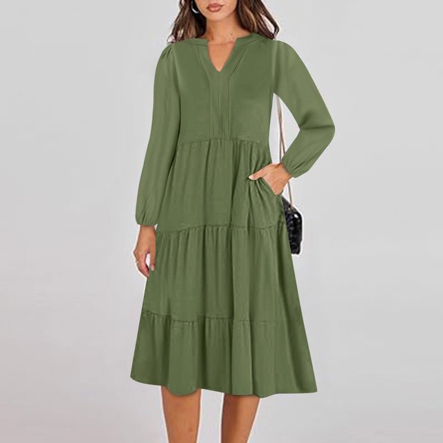 Offres de Liquidation d'Automne! Robes Mignonnes pour Femmes, Chemise Décontractée à Col en V Couleur Unie Manches Longues Longue Robe Verte P