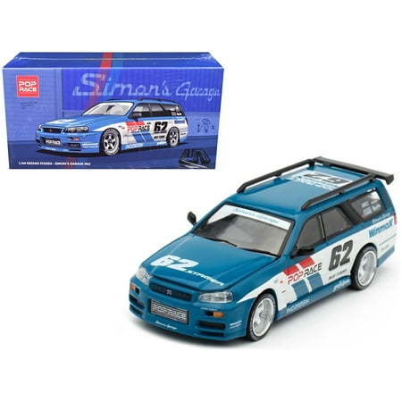 Nissan Stagea RHD (Right Hand Drive) #62 "Simon's Garage" Blue with White Sides 1/64 Die Cast Model Car by Pop Race