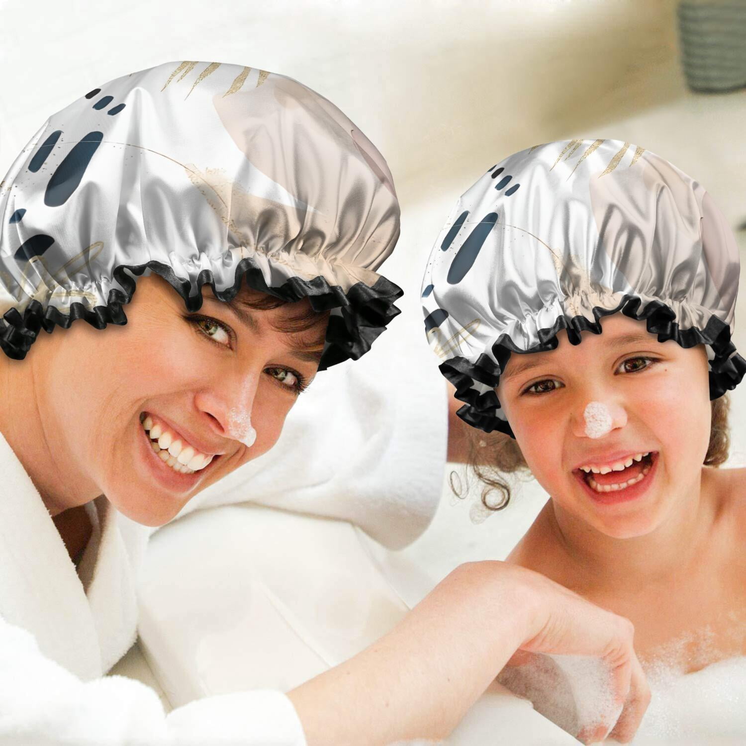 Shower Caps,Blue Boho Abstract and Plant Pattern Waterproof Shower Cap for Women 4 Pieces,Double Reusable Hair Cover for Shower PEVA Elastic Stretch Hem