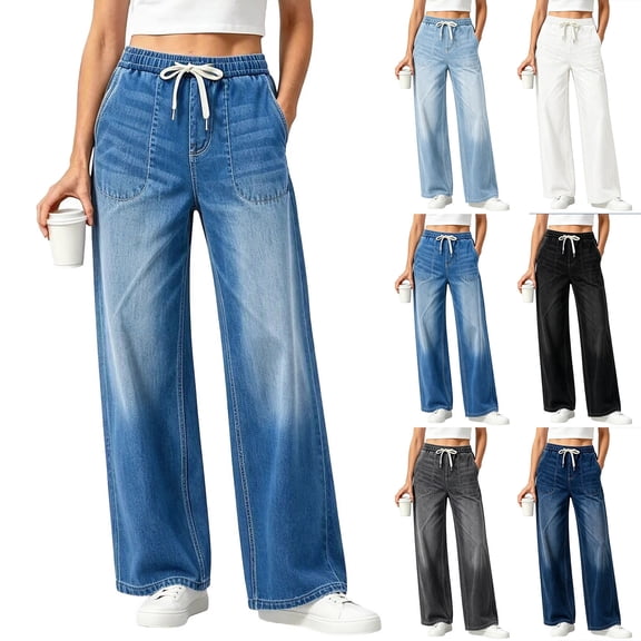 VBVC Women's Drawstring Wide Leg Jeans with Pockets , High Waisted Washed Denim Pants For Women, S-2XL
