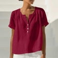 thumbnail image 5 of Htigea Womens V-Neck Button Down T Shirts Summer Short Sleeve Solid Color Casual Loose Fit Tee Linen Tee for Beach Everyday Wine L, 5 of 9