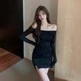 thumbnail image 2 of Franhais Women Wrap Slit Dress with Rhinestone Decors, Black Off-the-shoulder Long Sleeve Bodycon One-piece, S/ M/ L/ XL/ XXL, 2 of 7