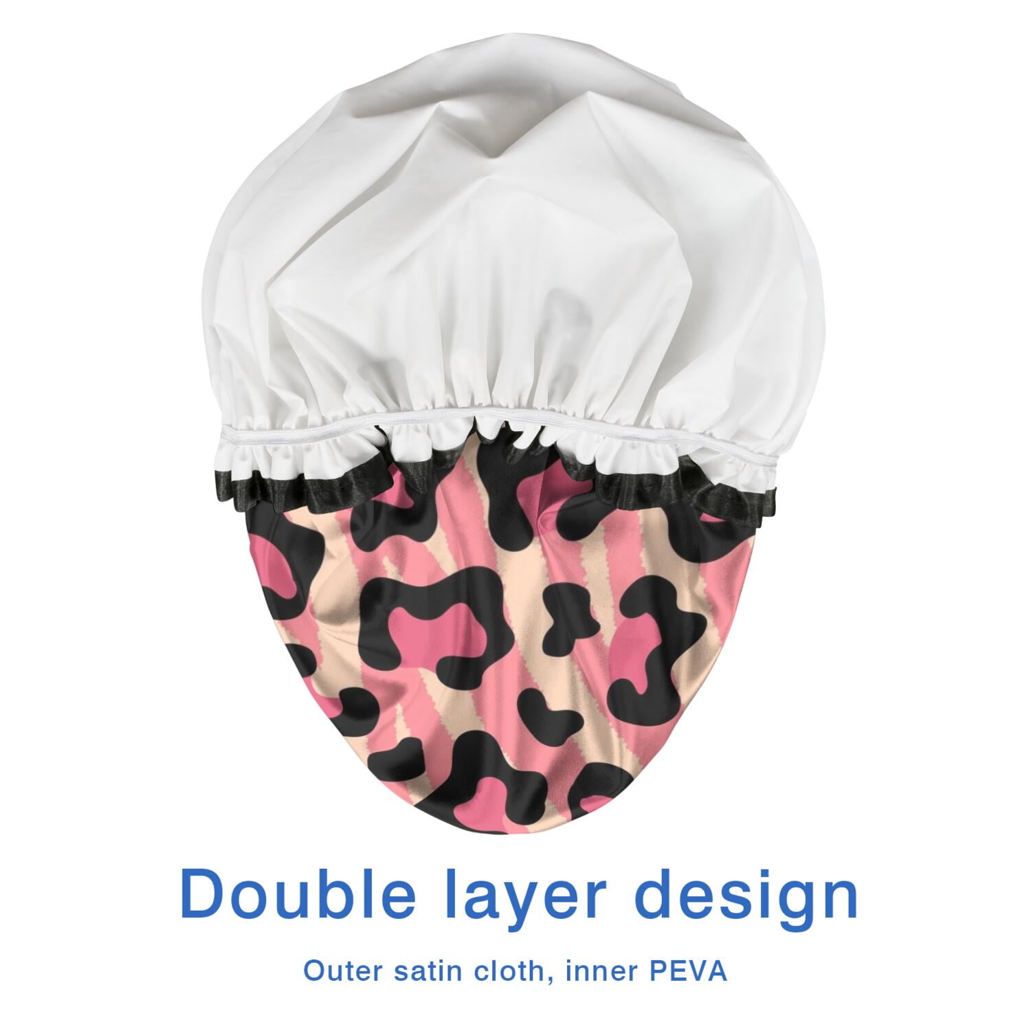 Shower Caps,Pink and Black Of Leopard Print Waterproof Shower Cap for Women 4 Pieces,Double Reusable Hair Cover for Shower PEVA Elastic Stretch Hem