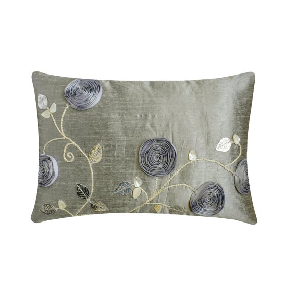 The HomeCentric Luxury Silver Lumbar Pillow Cover, 12x26 inch (30x65 cm) Lumbar Pillow Cover, Ribbon Rose Lumbar Pillow Cover, Silk Lumbar Pillow Cover, Floral Modern Lumbar - Silver Rose Garden
