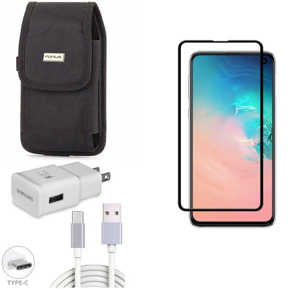 Galaxy S10e Screen Protector w Fast Home Charger w Case Belt Clip - Tempered Glass 5D Curved Edge, Type-C 6ft USB Cable Quick, Rugged Holster Canvas for Samsung Galaxy S10e Phone
