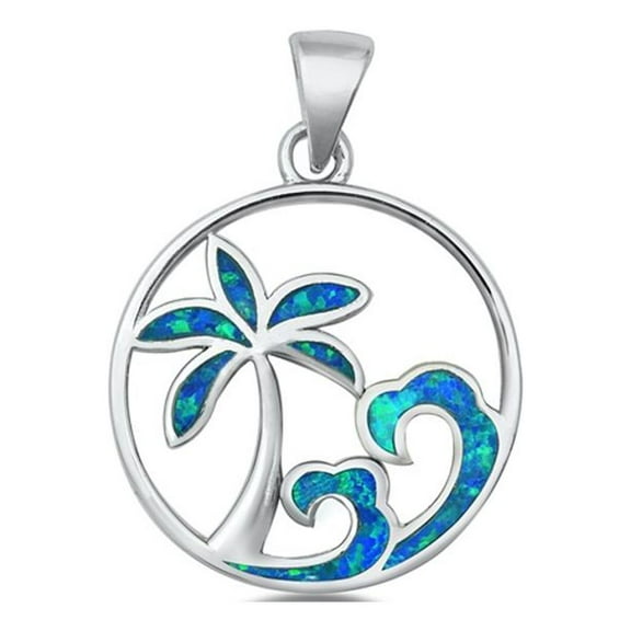 Sterling Silver Blue Simulated Opal Island Pendant Tropical Palm Tree Charm Jewelry Female Unisex