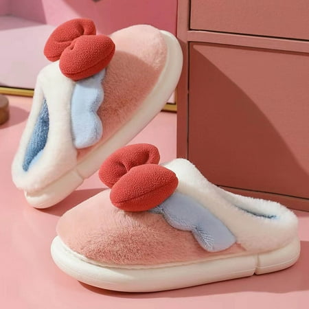 

Shldybc Winter Cotton Slippers Cute Bow Knot Indoor and Outdoor Slippers Princess Style Contrast Color Plush Home Shoes