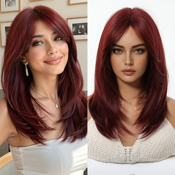 Black Mixed Brown Wigs For Women Medium Length Layered Straight Wig Middle Part Glueless Synthetic Wigs for Daily Party Use 16 Inch