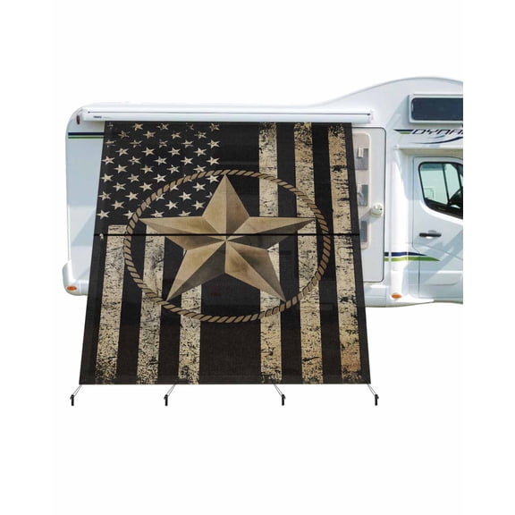 4th of July RV Awning Sun Shade Screen 9'X7' Patriotic Star Wreath Mesh Sunscreen Retro Black American Flag Awning Shade Screen with Zipper UV Blocker Completed Kits for RV Motorhome Camper