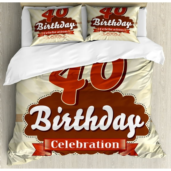40th Birthday Duvet Cover Set, Vintage Old Fashioned Style Celebration Banner and Retro Dots, Decorative 3 Piece Bedding Set with 2 Pillow Shams, Calking Size, Orange Ivory Cinnamon, by Ambesonne